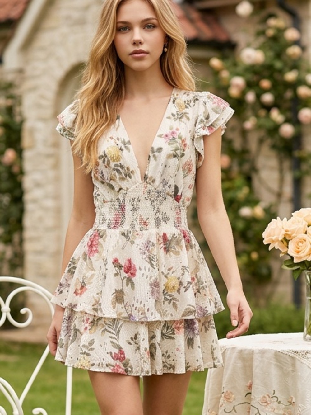 Alice and Olivia Kessie Ruffle Sleeve Floral Dress Romper Size 10